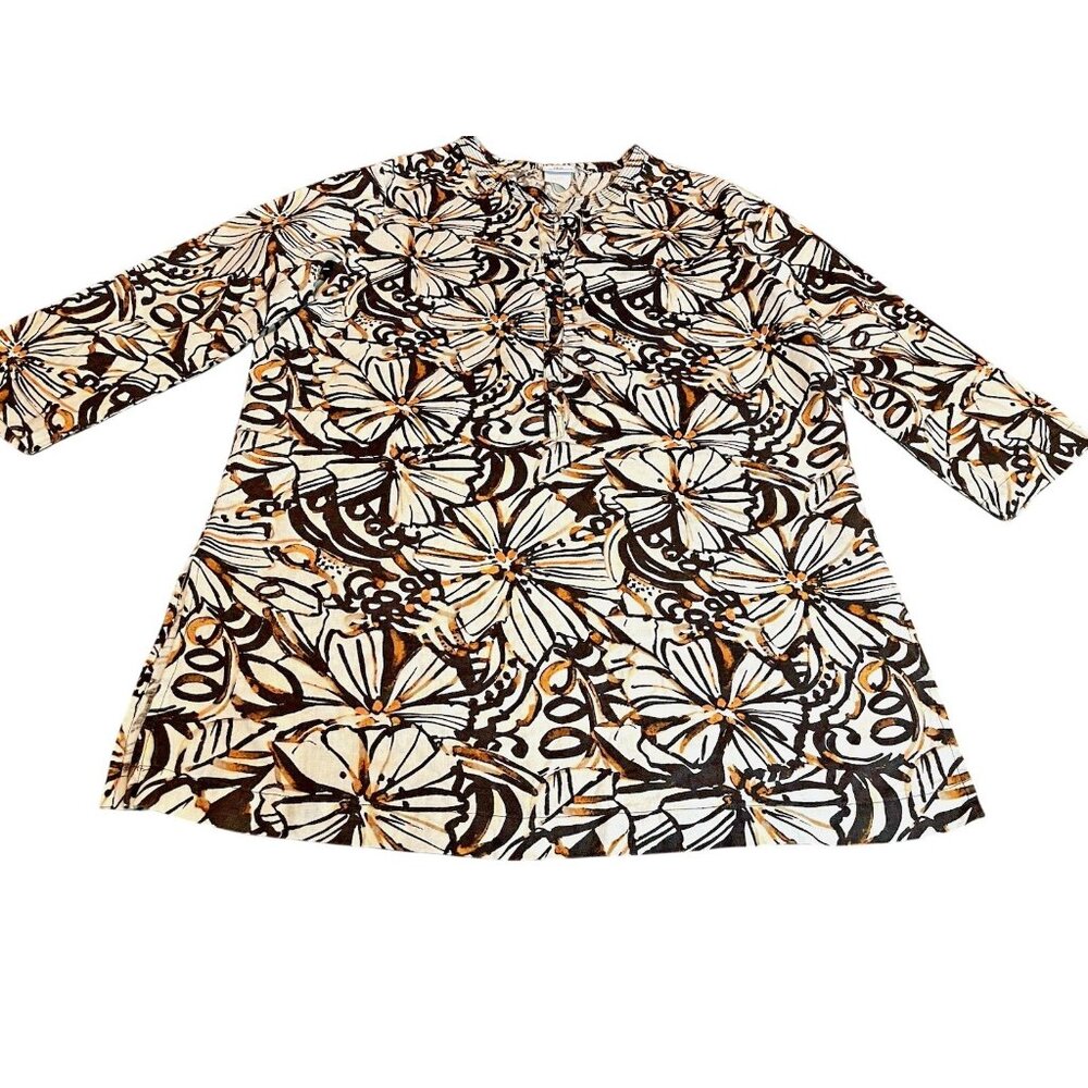 Hot Cotton 100% Linen Tunic Top Floral Women's Large Beachy Artsy Boho